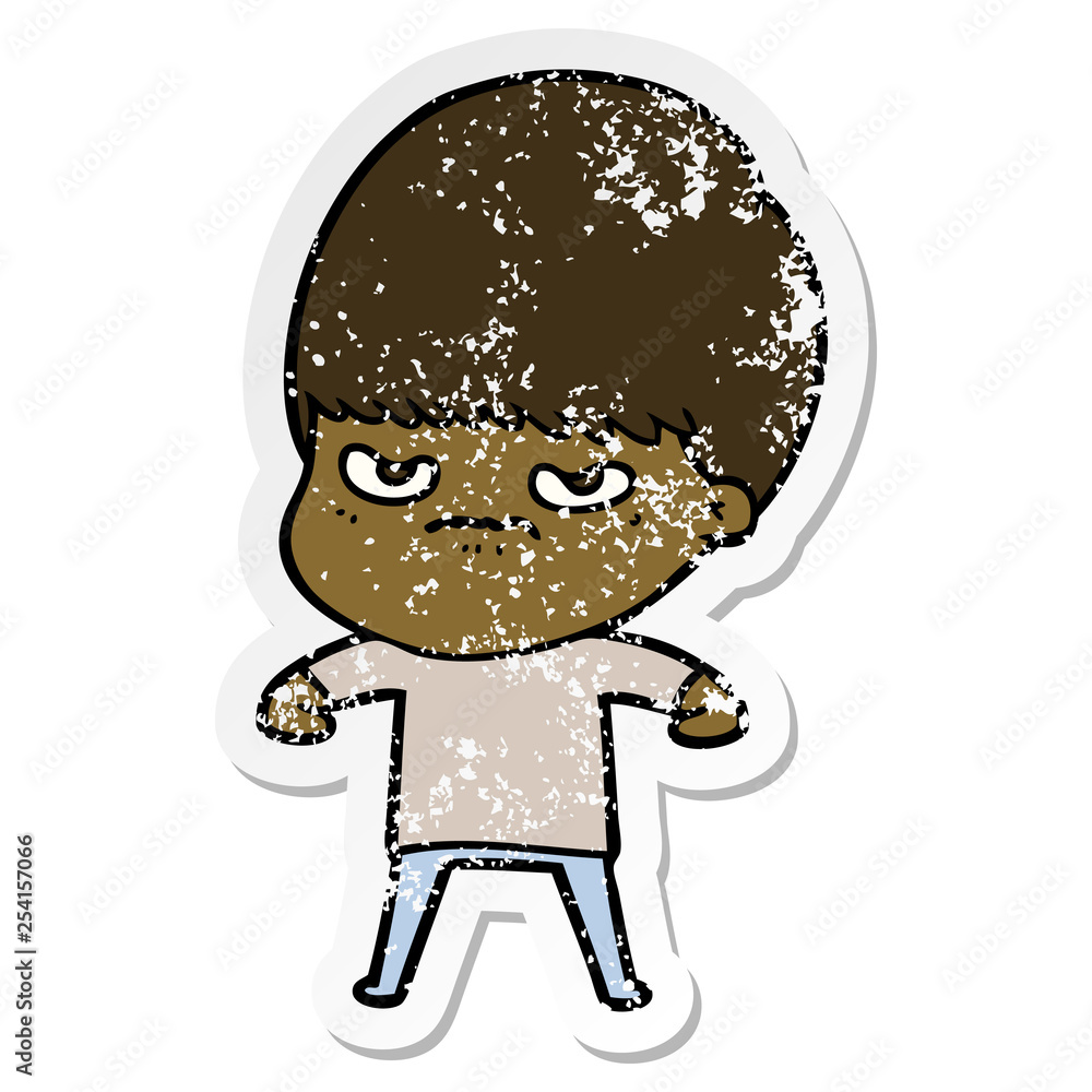 distressed sticker of a cartoon angry boy distressed sticker of a cartoon angry boy