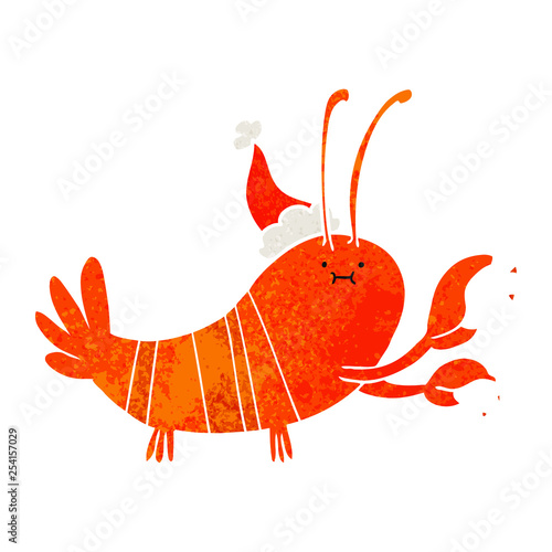 retro cartoon of a lobster wearing santa hat