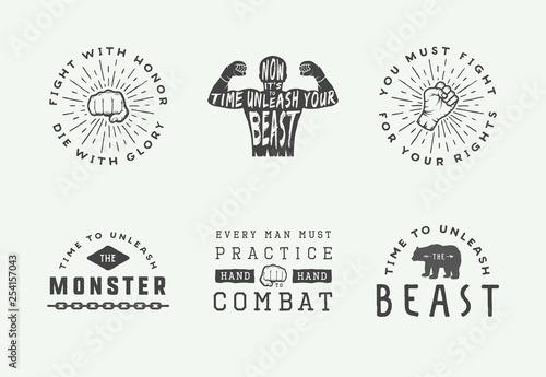 Boxing and martial arts logo badges and labels in vintage style. Motivational posters with inspirational quotes. Vector illustration.