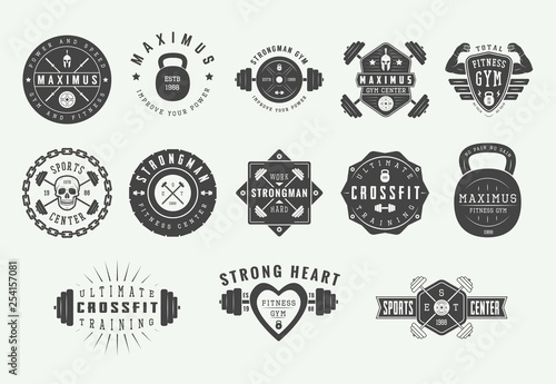 Set of vintage gym fitness logos, emblems, badges, labels, marks and design elements. Retro graphic art. Vector Illustration.