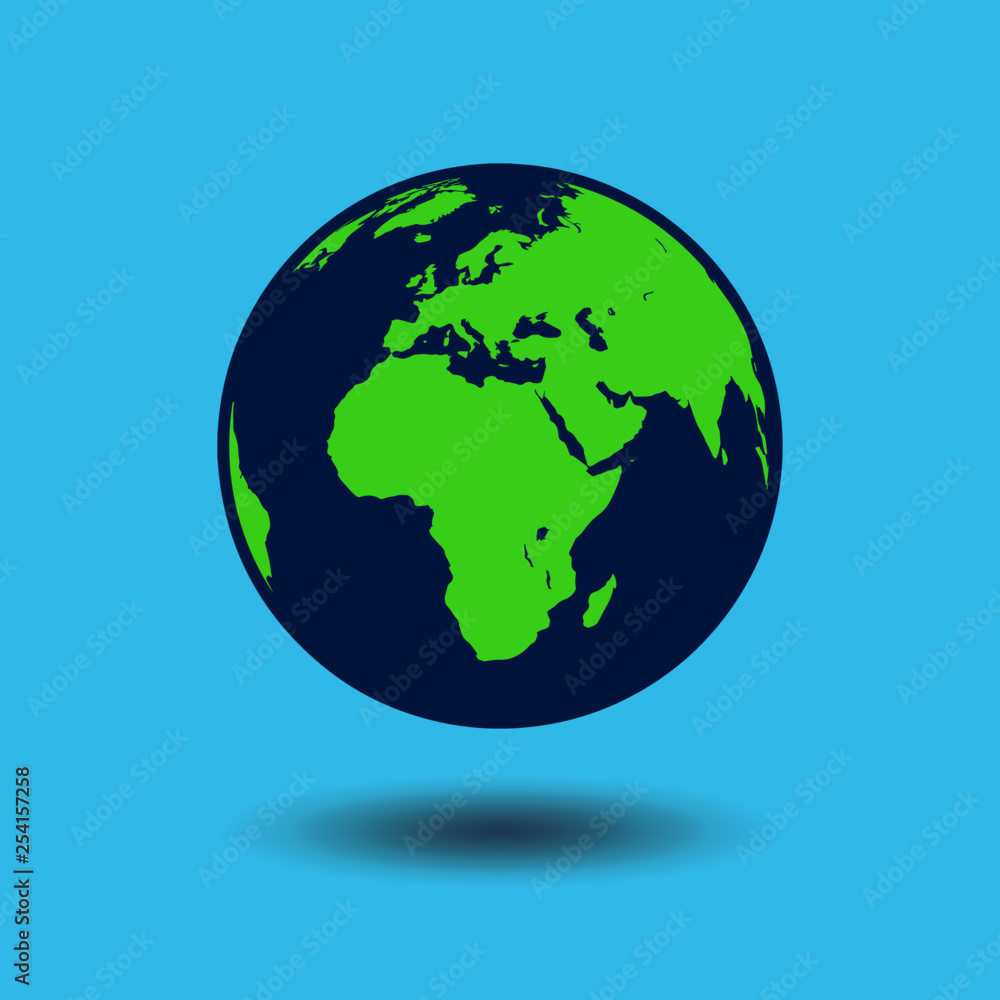 Flat design of Earth globe isolated on blue background. Flat planet icon. Vector illustration.