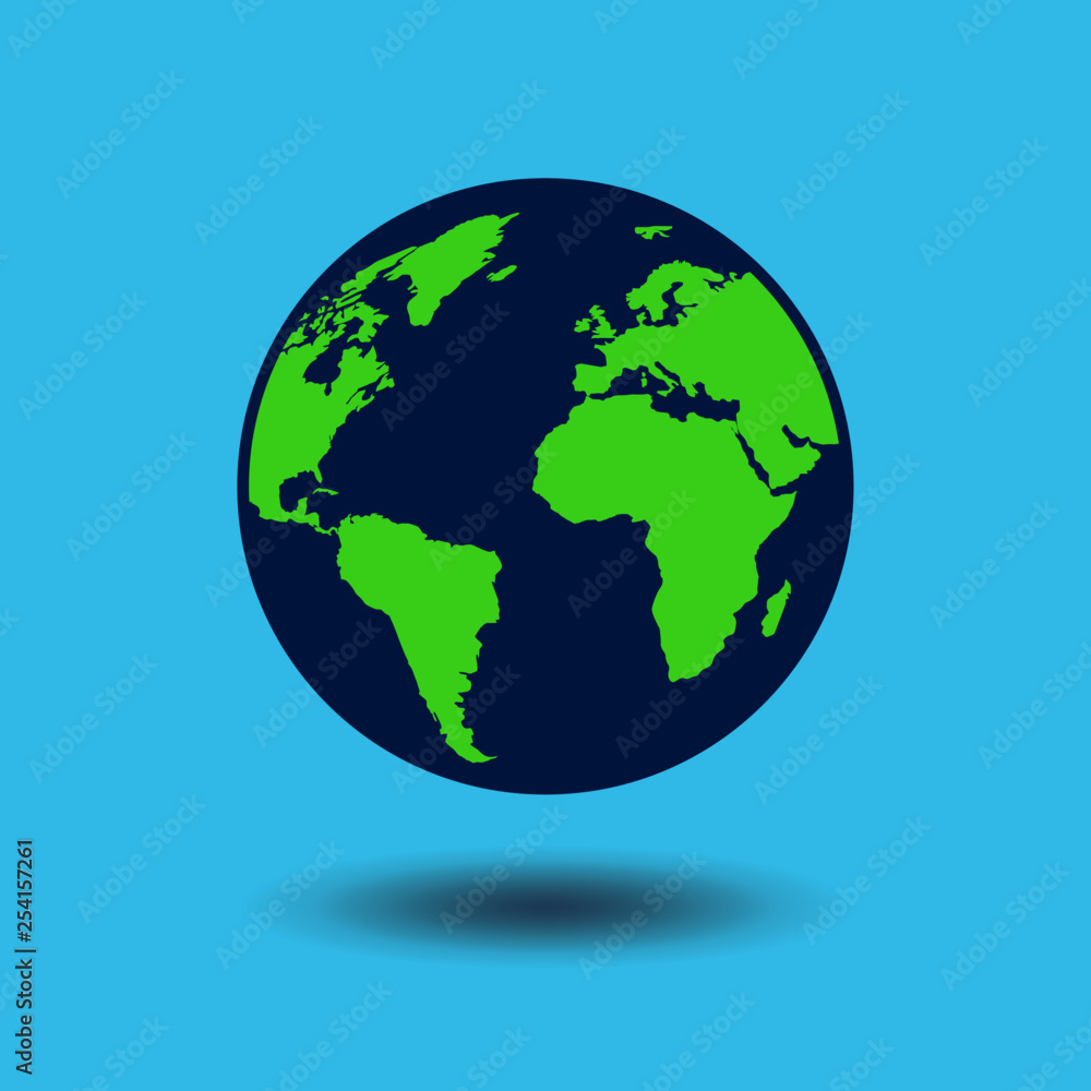 Flat design of Earth globe isolated on blue background. Flat planet icon. Vector illustration.