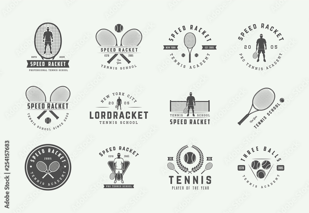 Set of vintage tennis logos, emblems, badges, labels and design
