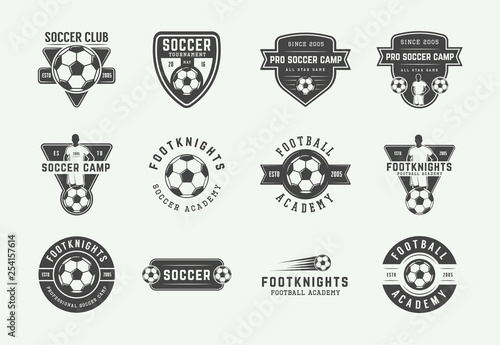 Set of vintage soccer or football logo, emblem, badge. Vector illustration. Graphic Art.