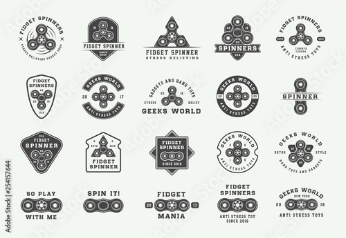 Set of vintage fidget spinners logos, emblems, badges and motivational posters. Monochrome Graphic Art. Vector Illustration.