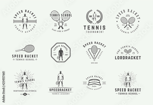 Set of vintage tennis logos, emblems, badges, labels and design elements. Vector illustration. Monochrome Graphic Art.