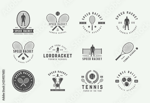 Photo Set of vintage tennis logos, emblems, badges, labels and design elements