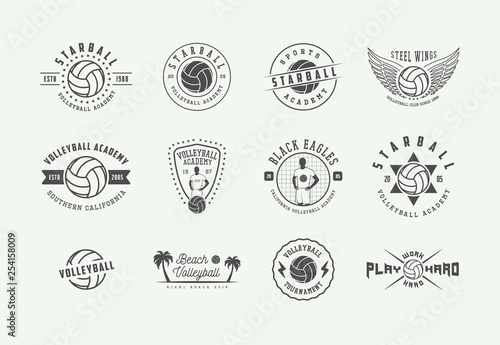 Set of vintage volleyball labels, emblems and logo. Vector illustration. Graphic Art. Vector.