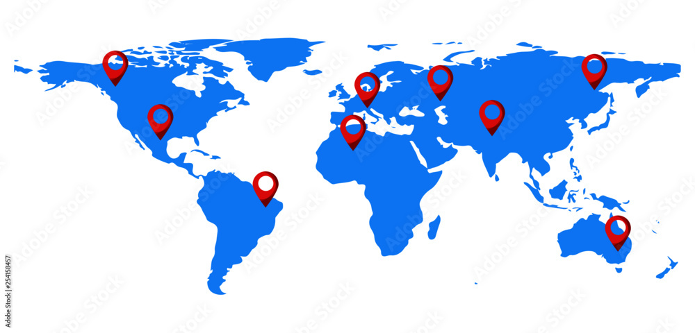 Blue World map with red pin points icon isolated on white background. Infographic. Vector illustration.