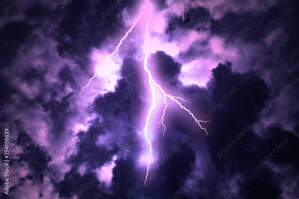 Fototapeta premium Lightning strike on the cloudy dark sky.