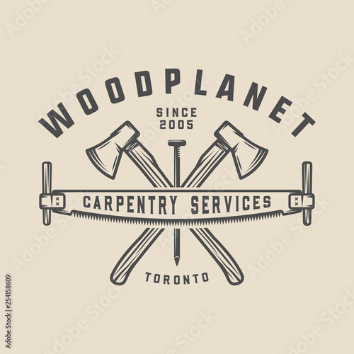 Vintage carpentry, woodwork and mechanic label, badge, emblem and logo.Vector illustration. Monochrome Graphic Art.