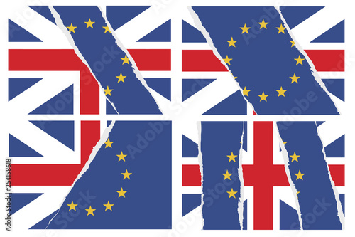 Collection of different Brexit vector illustrations showing torn flags of United Kingdom and European Union