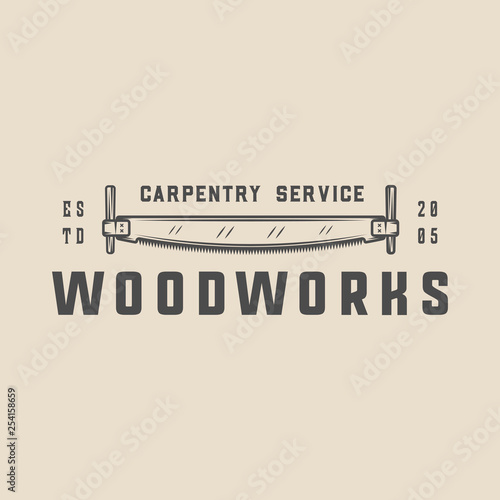 Vintage carpentry, woodwork and mechanic label, badge, emblem and logo.Vector illustration. Monochrome Graphic Art.
