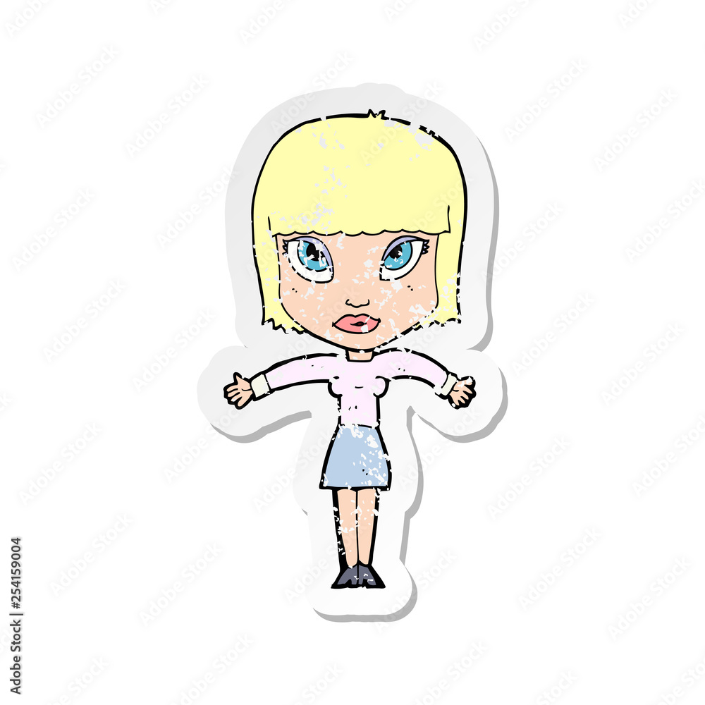 retro distressed sticker of a cartoon woman shrugging retro distressed sticker of a cartoon woman shrugging