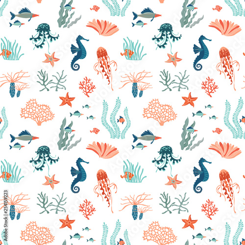 Marine Life flat vector seamless pattern background. Underwater animals wildlife