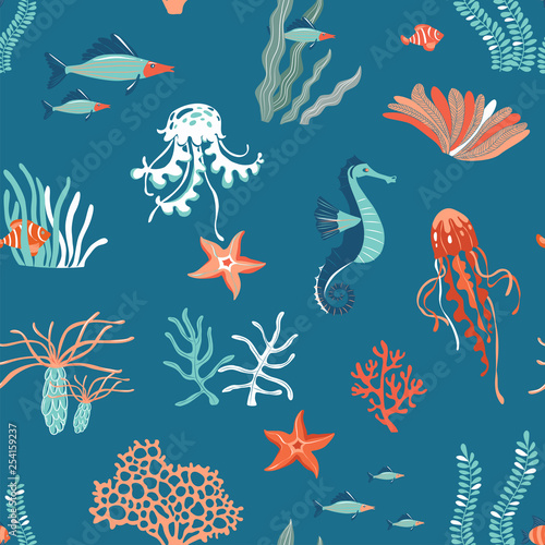 Marine Life flat vector seamless pattern background. Underwater animals wildlife