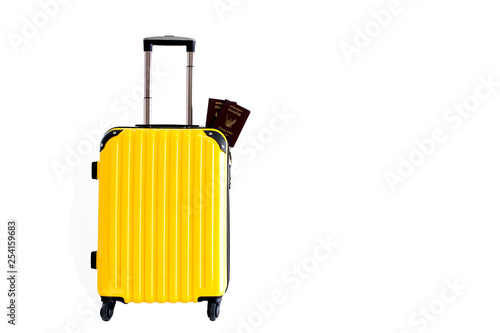 Yellow suitcase,baggage,luggage with passports isolated white background
