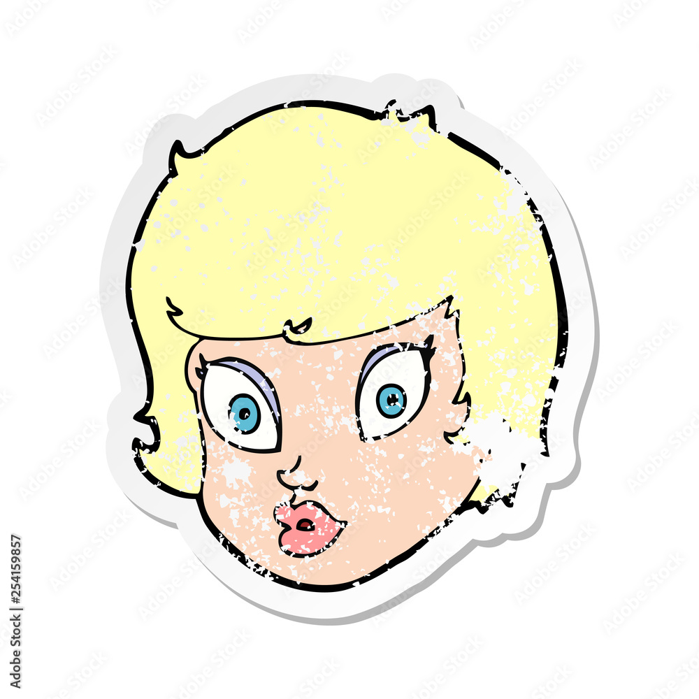 retro distressed sticker of a cartoon surprised female face retro distressed sticker of a cartoon surprised female face