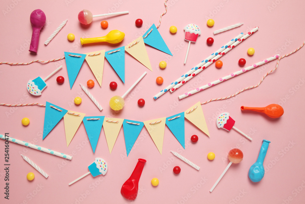 Carnival and party decor. Sweet candy, balloons, straw. Birthday background. Carnival and party decor. Sweet candy, balloons, straw. Birthday background.