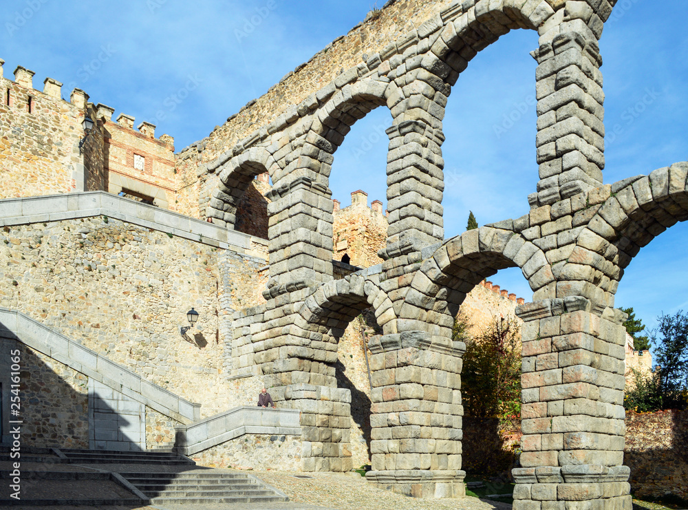 Roman aqueduct and fortress wall in Segovia.