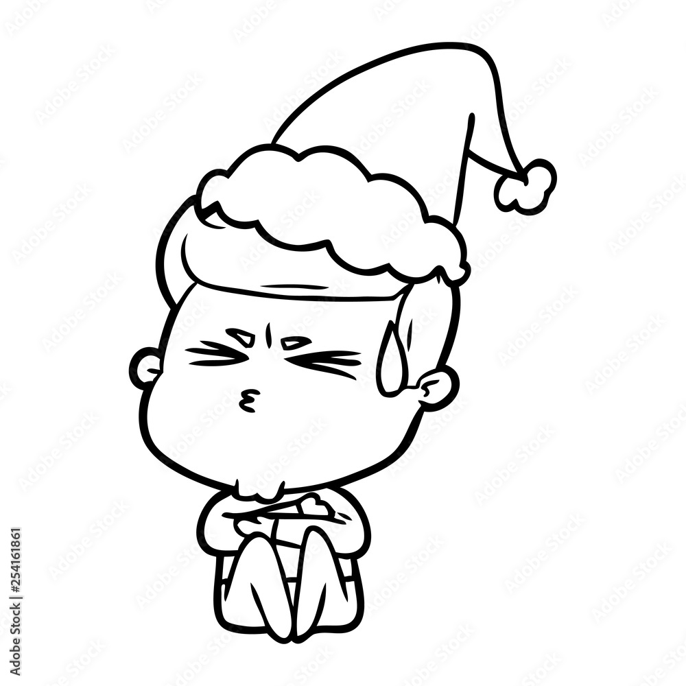 line drawing of a man sweating wearing santa hat line drawing of a man sweating wearing santa hat