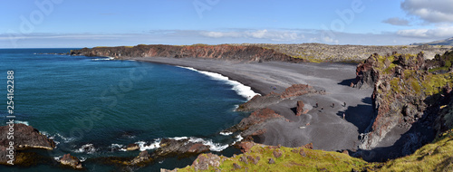 Panorama of Djupalonssandur bay and beach situated on foot of Snaefellsnes peninsula in Western Iceland.