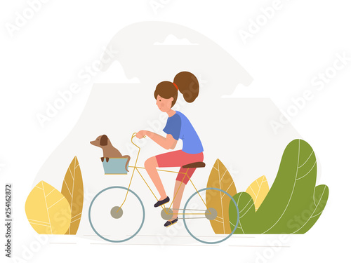 Girl with a dog riding a bicycle - vector