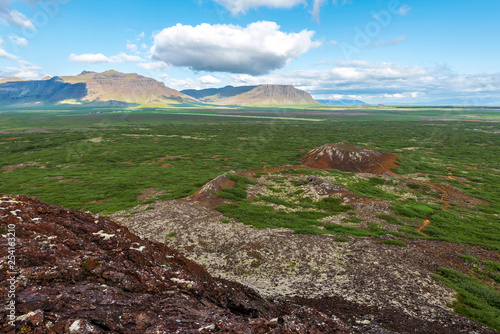View at small craters from Eldborg volcano crater summit in  Vesturland region of Iceland. photo