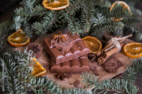 chocolate decoration on wooden background