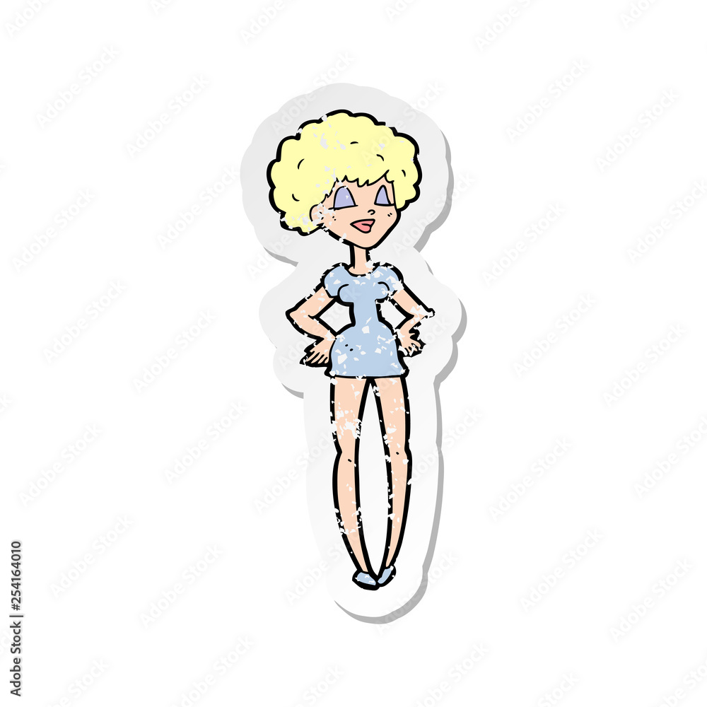 retro distressed sticker of a cartoon happy woman with hands on hips retro distressed sticker of a cartoon happy woman with hands on hips