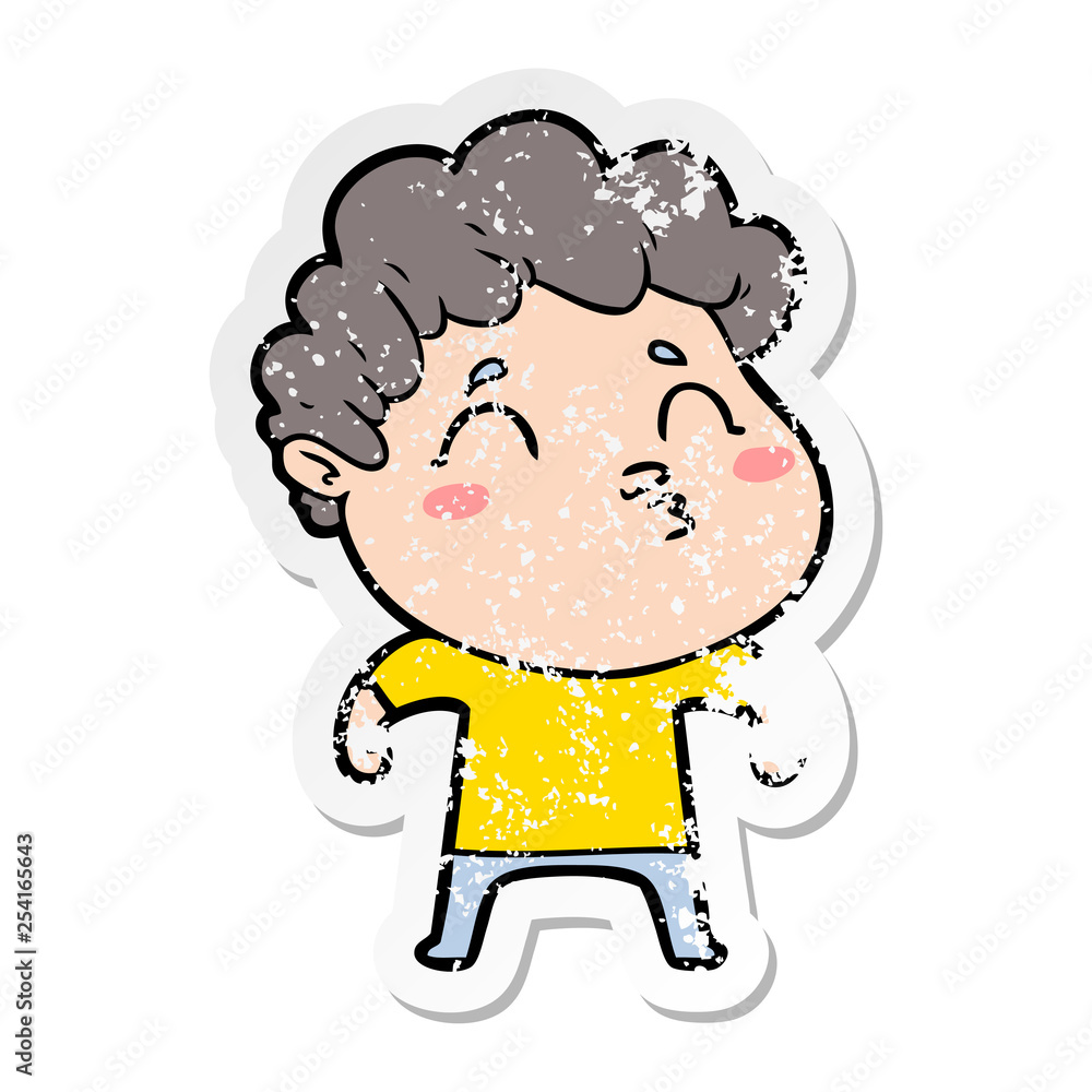 distressed sticker of a cartoon man pouting distressed sticker of a cartoon man pouting