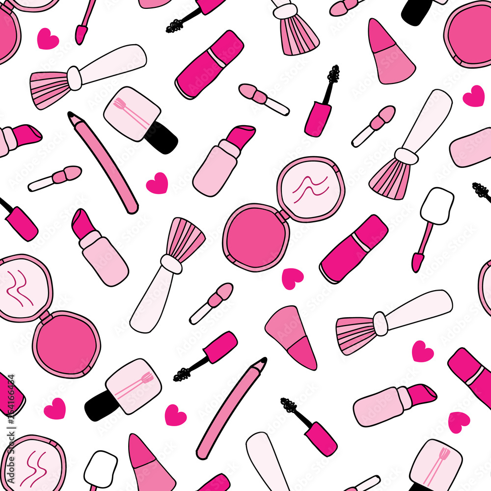 Vector of seamless repeat pattern with make-up/ cosmetics tools colored in cute pink on white background. Doodle sketch of girl's cosmetics with pink heart shapes. Vector of seamless repeat pattern with make-up/ cosmetics tools colored in cute pink on white background. Doodle sketch of girl's cosmetics with pink heart shapes.