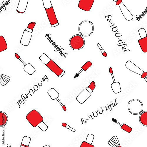 Vector of seamless repeat pattern with red make-up/ cosmetics tools. Doodle sketch of girl's cosmetics with self-affirmation message.