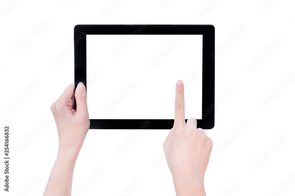 Young beautiful girl holding a black tablet pc template with white screen isolated on white background, close up, mock up, clipping path, cut out Young beautiful girl holding a black tablet pc template with white screen isolated on white background, close up, mock up, clipping path, cut out