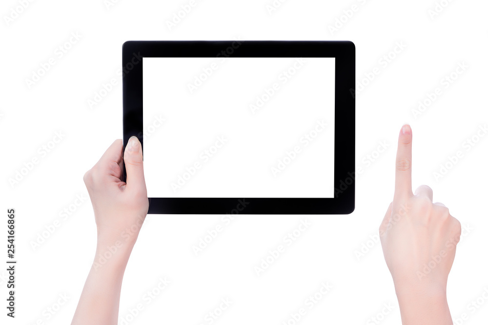 Young beautiful girl holding a black tablet pc template with white screen isolated on white background, close up, mock up, clipping path, cut out