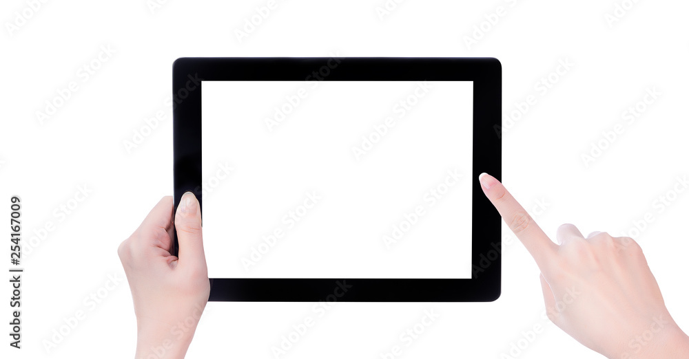 Young beautiful girl holding a black tablet pc template with white screen isolated on white background, close up, mock up, clipping path, cut out