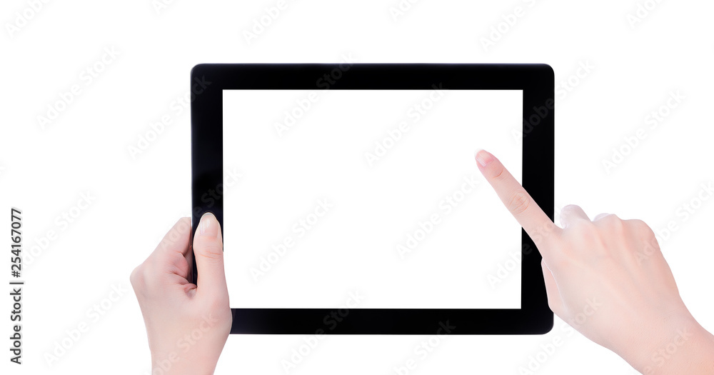 Young beautiful girl holding a black tablet pc template with white screen isolated on white background, close up, mock up, clipping path, cut out Young beautiful girl holding a black tablet pc template with white screen isolated on white background, close up, mock up, clipping path, cut out