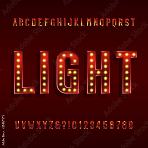 Retro light bulb alphabet font. Beveled shiny letters with light bulbs and shadows. Vector typescript for your design.