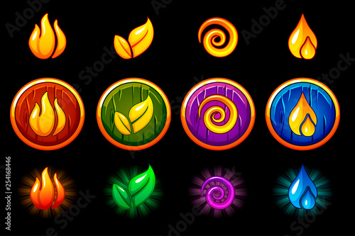 Four elements nature icons, wooden round Shield set. Wind, fire, water, earth symbol
