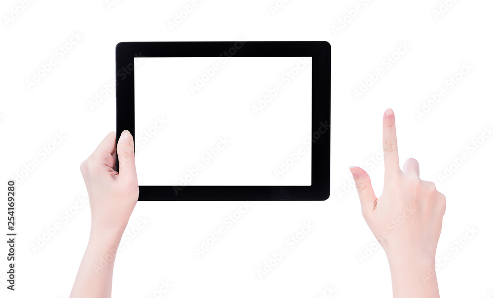 Young beautiful girl holding a black tablet pc template with white screen isolated on white background, close up, mock up, clipping path, cut out