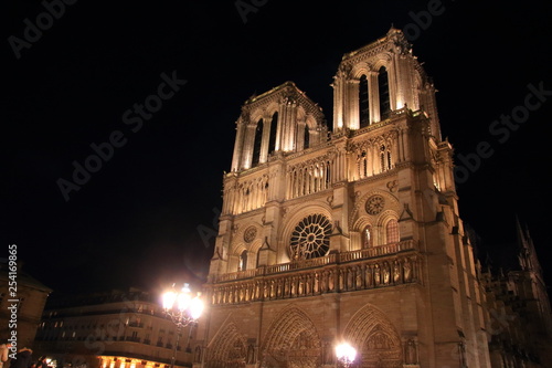 Notre Dame Cathedral in Paris and its lighting at night, France