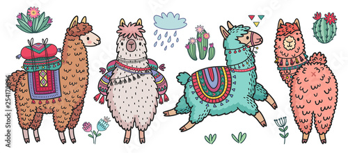 Cute Lamas standing and running. Funny hand drawn characters with cacti.
