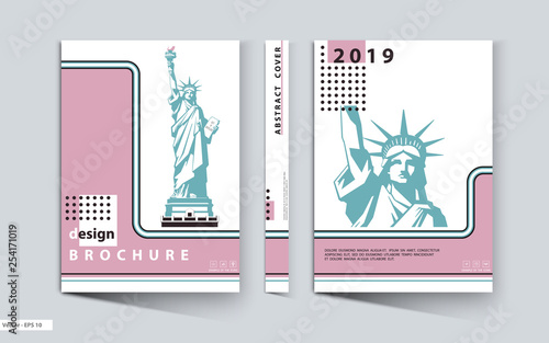 Cover design. Abstract template brochure. Geometric image of the Statue of Liberty. Page is a4 format, layout. Turquoise and pink design. Book, booklet, album, poster. Annual report, title. Ad text
