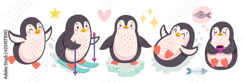 Cute penguins skiing, having fun, drinking tea. Funny characters.