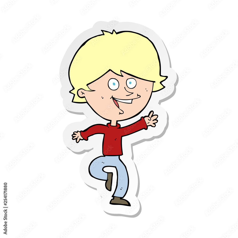 sticker of a cartoon happy waving boy