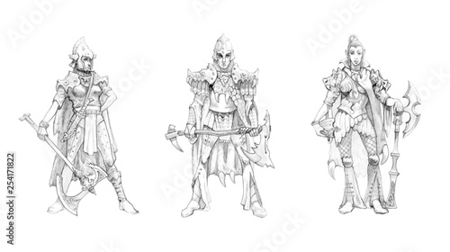 Foto Elf warrior. Set of 3 drawings. Fantasy elves warriors.
