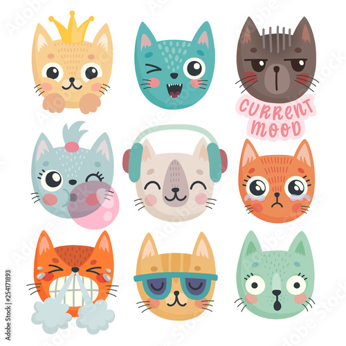 Cute kittens. Characters with different emotions - joy, anger, happines and others.