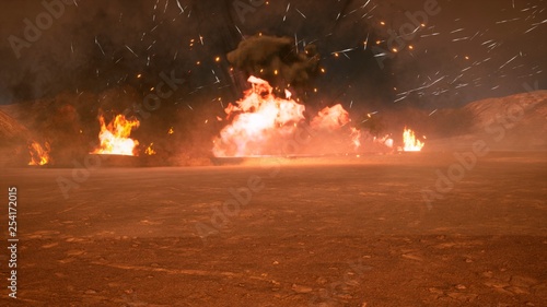 The battlefield in the smoke in the middle of explosions on an uncharted planet. 3D Rendering photo