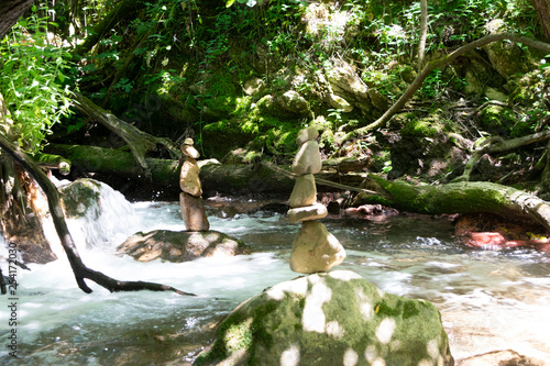 Canvas Print A summer day in a quiet and relaxing forest in river with stones zen balance