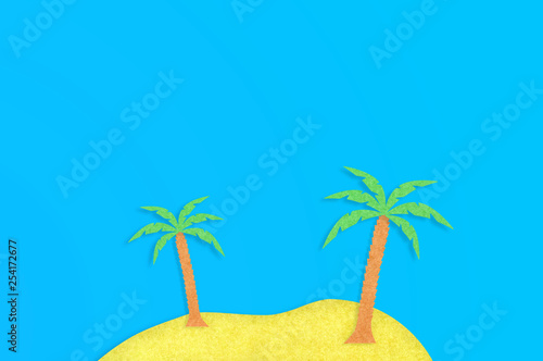 Two palm trees with leaves and yellow island cut out from paper on blue table. Top view. Minimalism concept - Image. Copy space for your text